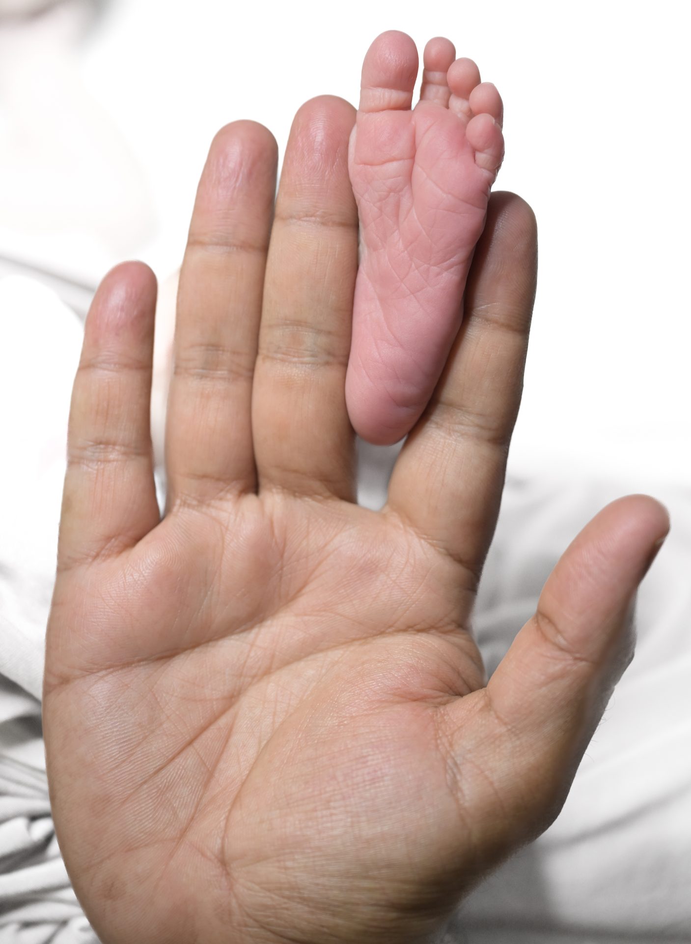 Newborn - baby foot on parent hand
